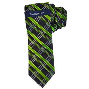 Croft & Barrow Tie Men's Diagonal Stripe Plaid Green Black Classic Silk NWT